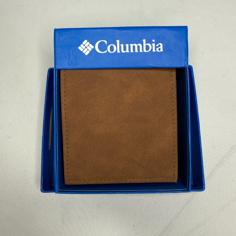Columbia Mens Bifold Wallet Tan Brown‎ Logo Plaque Slim NIB